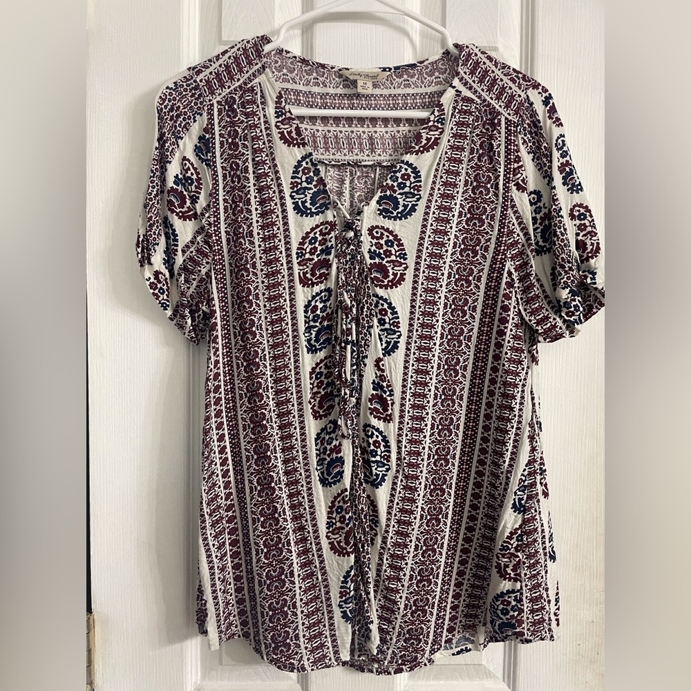 Lucky Brand Lace-Up Short Sleeve Blouse, Size M